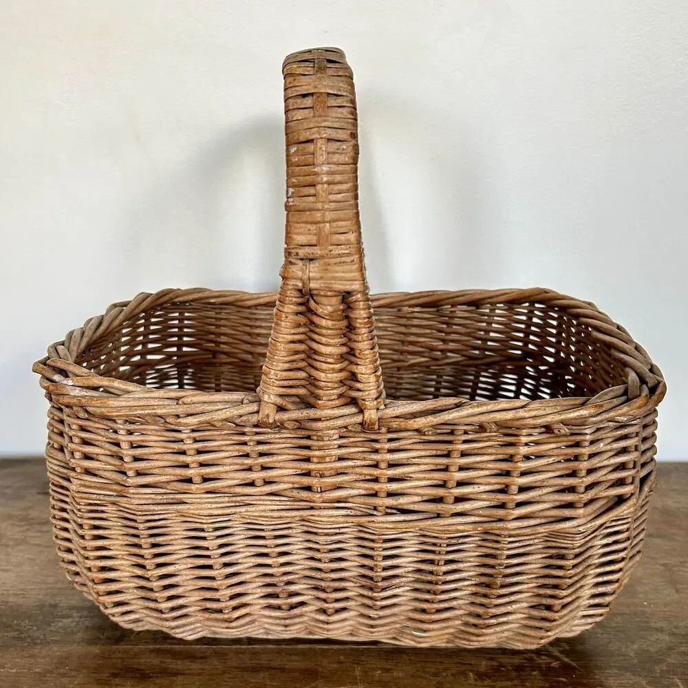 Vintage Rustic Gathering Wicker Basket with Handle | Primitive Cottagecore